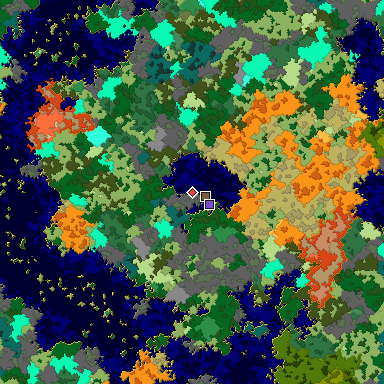 Predicted biome map of Java 1.16 seed -8322107776303815482 around estimated spawn