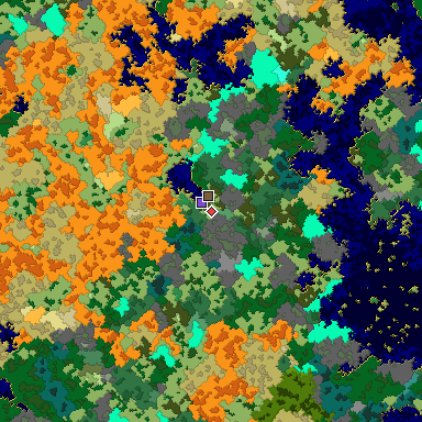 Predicted biome map of Java 1.16 seed 5170463697755207934 around estimated spawn