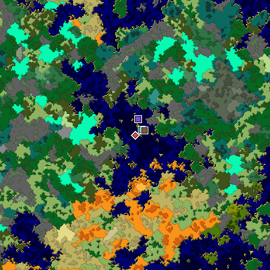 Predicted biome map of Java 1.16 seed 843540443230763505 around estimated spawn