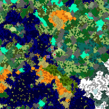 Predicted biome map of Java 1.16 seed -8460409587402550200 around estimated spawn