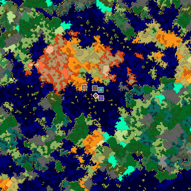 Predicted biome map of Java 1.16 seed 9014252559113853015 around estimated spawn