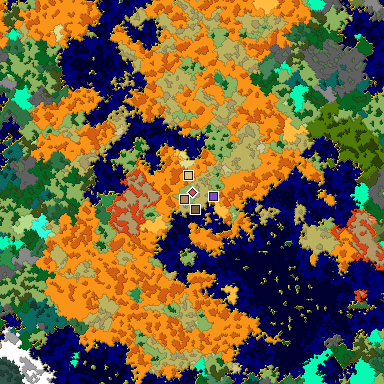 Predicted biome map of Java 1.16 seed -6345069880802364189 around estimated spawn