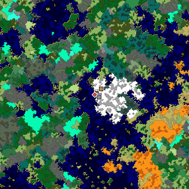 Predicted biome map of Java 1.16 seed 2619040050405408851 around estimated spawn