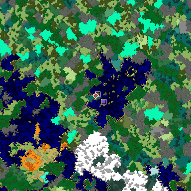 Predicted biome map of Java 1.16 seed -3580128442530560668 around estimated spawn