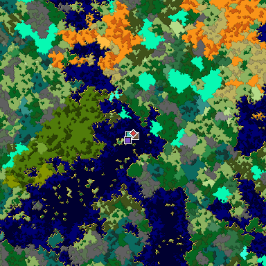 Predicted biome map of Java 1.16 seed 8410486172371443123 around estimated spawn