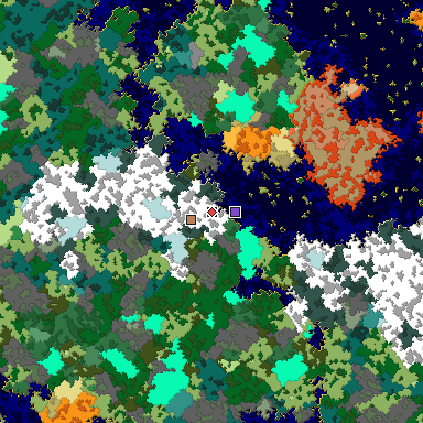 Predicted biome map of Java 1.16 seed -2496392713437246069 around estimated spawn