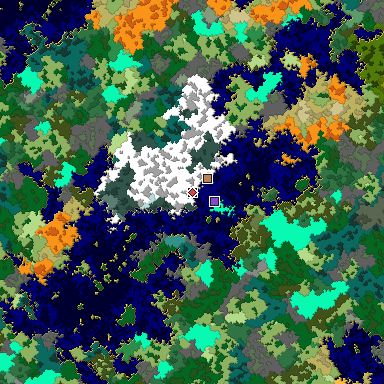 Predicted biome map of Java 1.16 seed 8275068972519635346 around estimated spawn