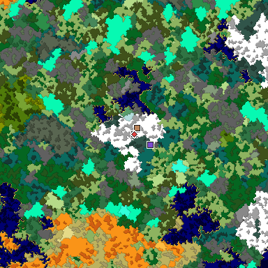 Predicted biome map of Java 1.16 seed 1822928285354105902 around estimated spawn