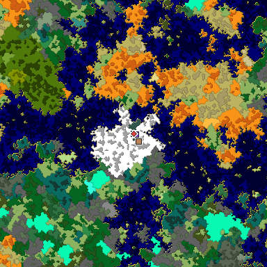 Predicted biome map of Java 1.16 seed 5911767601953898757 around estimated spawn