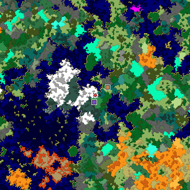 Predicted biome map of Java 1.16 seed 2575527010804387189 around estimated spawn