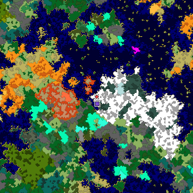 Predicted biome map of Java 1.16 seed 3388021569889967867 around estimated spawn