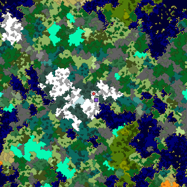 Predicted biome map of Java 1.16 seed -8224097578759239618 around estimated spawn