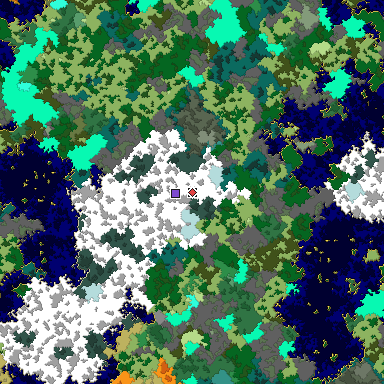 Predicted biome map of Java 1.16 seed -4045530758648762186 around estimated spawn