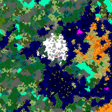 Predicted biome map of Java 1.16 seed 1541105224523213386 around estimated spawn