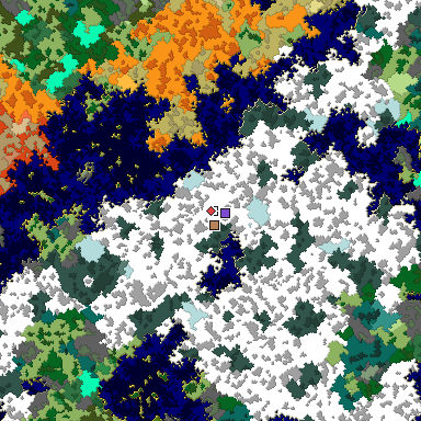 Predicted biome map of Java 1.16 seed -4369048725464610894 around estimated spawn