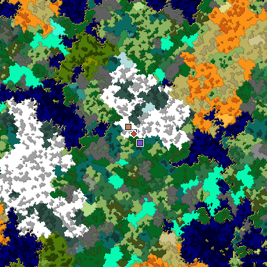 Predicted biome map of Java 1.16 seed 4475971319005305601 around estimated spawn