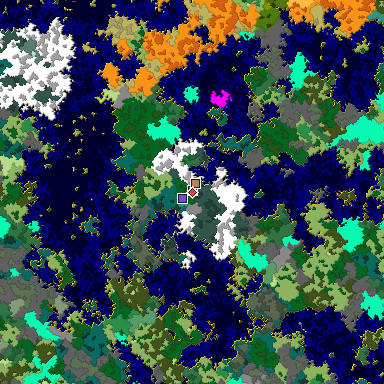 Predicted biome map of Java 1.16 seed -4694777561299268202 around estimated spawn