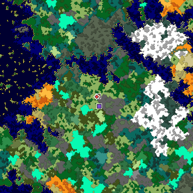 Predicted biome map of Java 1.16 seed -4717067187321371396 around estimated spawn
