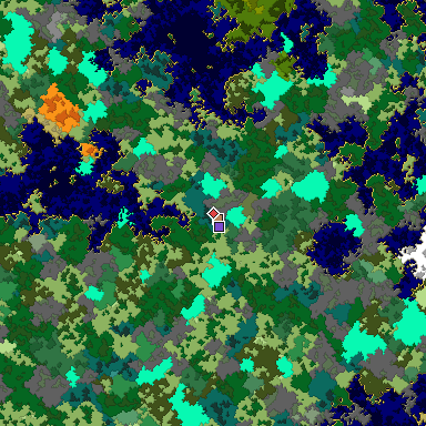 Predicted biome map of Java 1.16 seed -4737310781259987488 around estimated spawn
