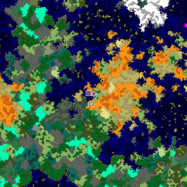 Predicted biome map of Java 1.16 seed 9127136784759239709 around estimated spawn