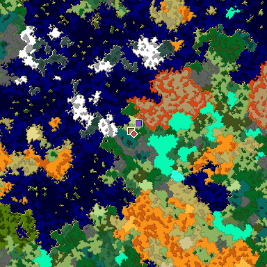 Predicted biome map of Java 1.16 seed 3610547861770691707 around estimated spawn