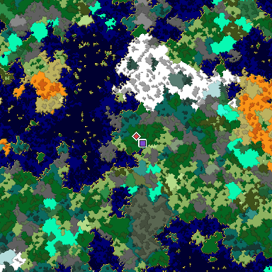 Predicted biome map of Java 1.16 seed 4849805253841357798 around estimated spawn