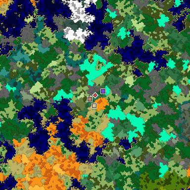 Predicted biome map of Java 1.16 seed -5219206384977502788 around estimated spawn