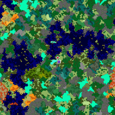 Predicted biome map of Java 1.16 seed -5807957846309436444 around estimated spawn