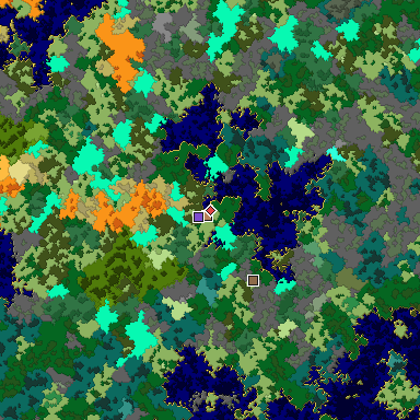 Predicted biome map of Java 1.16 seed -3826996339864156202 around estimated spawn