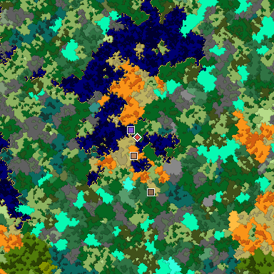 Predicted biome map of Java 1.16 seed 6963777940676272929 around estimated spawn