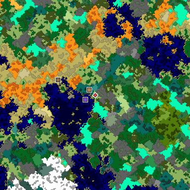 Predicted biome map of Java 1.16 seed 4667406417369689010 around estimated spawn