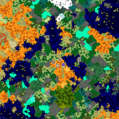 Predicted biome map of Java 1.16 seed 3853695667550880334 around estimated spawn