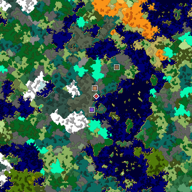 Predicted biome map of Java 1.16 seed -5148194626220324665 around estimated spawn