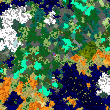 Predicted biome map of Java 1.16 seed 61953293900345646 around estimated spawn