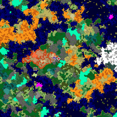 Predicted biome map of Java 1.16 seed -7505832932917281009 around estimated spawn