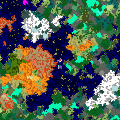 Predicted biome map of Java 1.16 seed -3232108287649212344 around estimated spawn