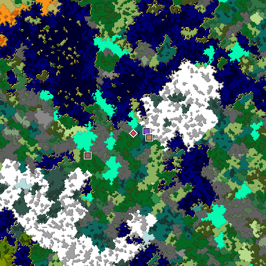 Predicted biome map of Java 1.16 seed 6160639391561055243 around estimated spawn