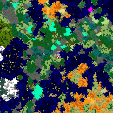 Predicted biome map of Java 1.16 seed -3340717354500335779 around estimated spawn