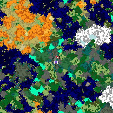 Predicted biome map of Java 1.16 seed 3897821449734255579 around estimated spawn