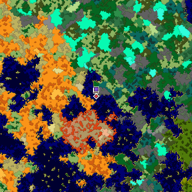 Predicted biome map of Java 1.16 seed 1387304596911391909 around estimated spawn