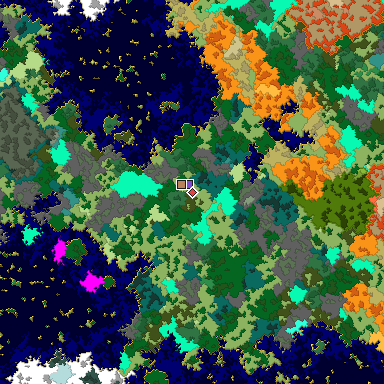 Predicted biome map of Java 1.16 seed 7239208938022224959 around estimated spawn