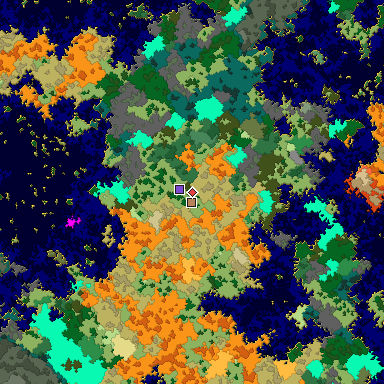 Predicted biome map of Java 1.16 seed -3275134676795997701 around estimated spawn