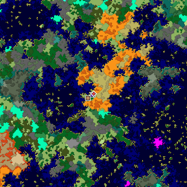 Predicted biome map of Java 1.16 seed 1252449479970640366 around estimated spawn