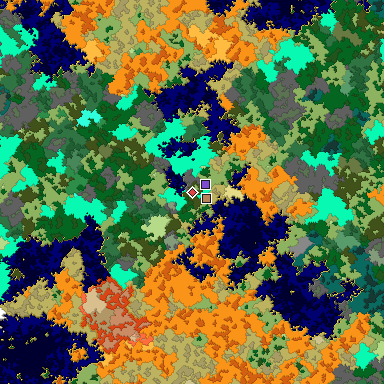 Predicted biome map of Java 1.16 seed 5917726279867392025 around estimated spawn