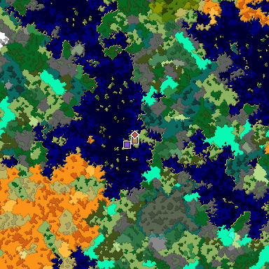 Predicted biome map of Java 1.16 seed -7319458578541308424 around estimated spawn
