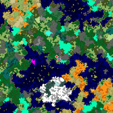 Predicted biome map of Java 1.16 seed -7333514649419801938 around estimated spawn