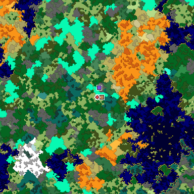 Predicted biome map of Java 1.16 seed -5428000717956924939 around estimated spawn
