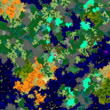 Predicted biome map of Java 1.16 seed 3945830483860308437 around estimated spawn