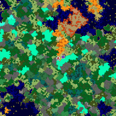 Predicted biome map of Java 1.16 seed 4316296120673596582 around estimated spawn