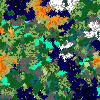 Predicted biome map of Java 1.16 seed -135189442562867884 around estimated spawn